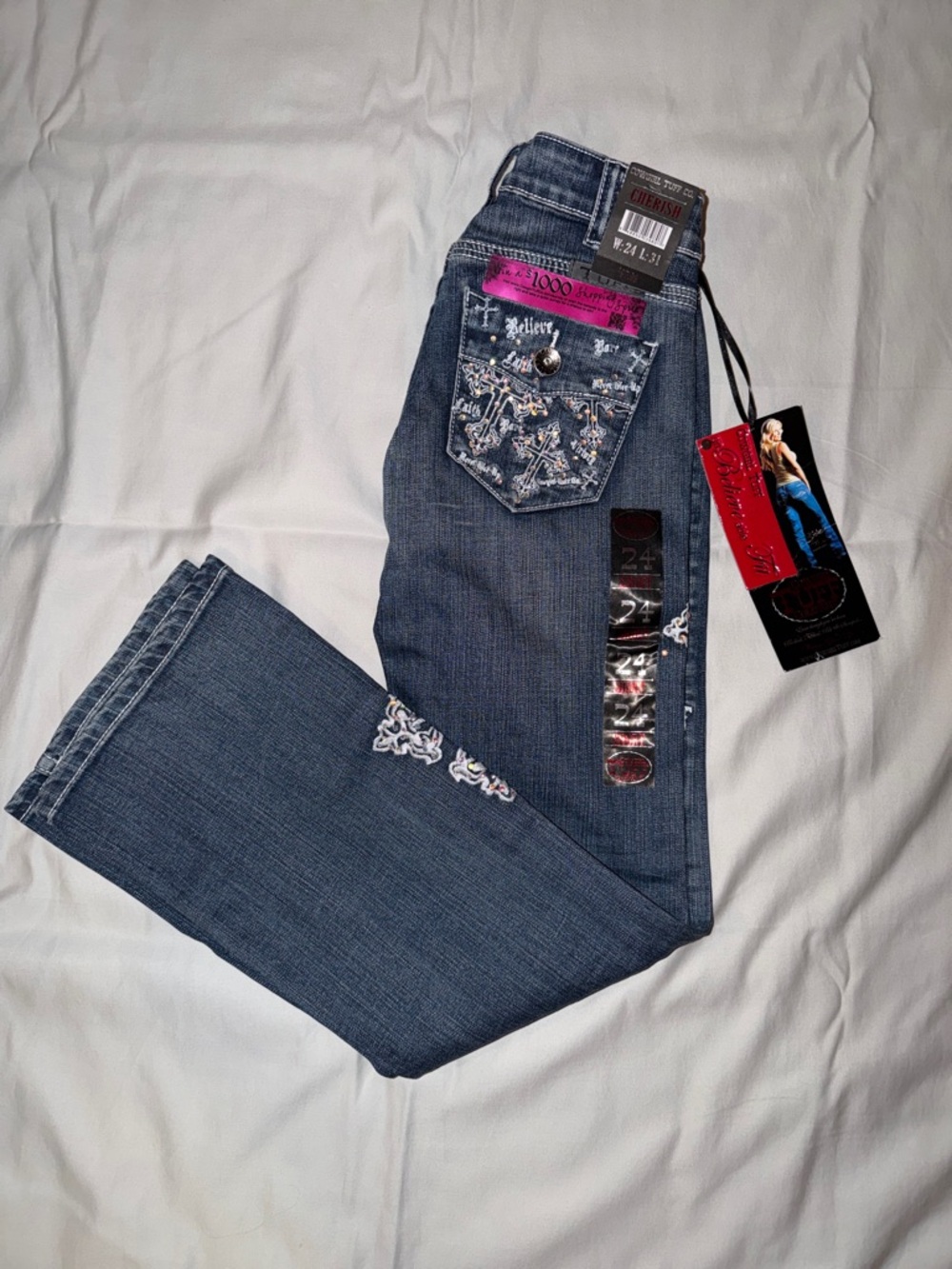 Cowgirl Tuff‎ Cherish Blue Boot Cut Jeans with Cross Embroidery